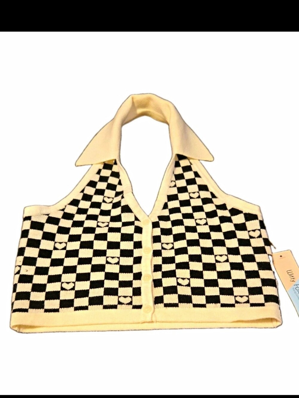 Cream & Black Checkered Halter Knit Tank with Collar